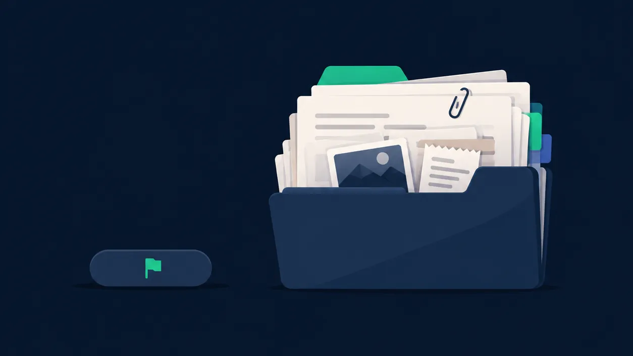 A small report button with a flag icon beside a thick folder of papers, a photo and a receipt.