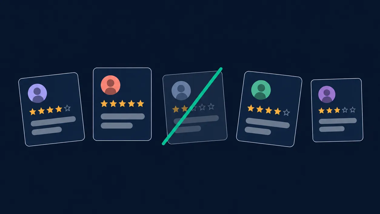 Five review cards in a row, with the middle card crossed out by a green line.
