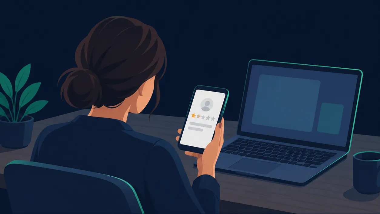 Illustration of a business owner at a desk, reading a one-star review on a phone next to an open laptop.